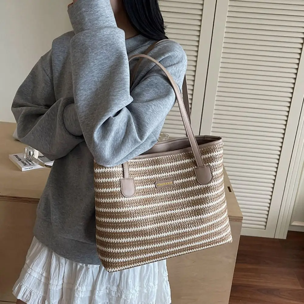 

Hollow Out Straw Woven Bag Parent Shoulder Bag Beach Handbag Bohemian Beach Bag Large Capacity Bucket Bag Strip Shoulder Bag