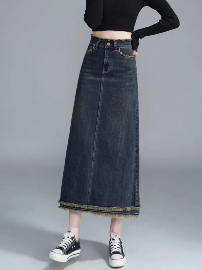 تنورة دينم نسائية عصرية جديدة لعام 2025، تنورة طويلة طويلة بخصر عالٍ على شكل حرف A مع تفاصيل هامشية، أنيقة وغير رسمية w1837