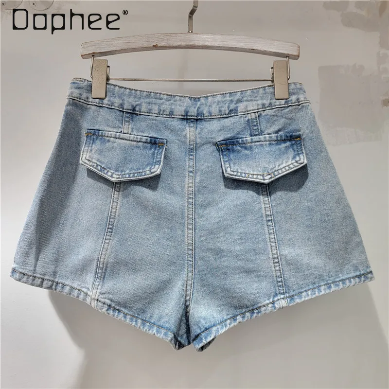Three-dimensional Big Pocket Fashion Denim Shorts Women 2025 Summer New Solid Color Versatile Loose Slim A-shaped Wide-leg Pants