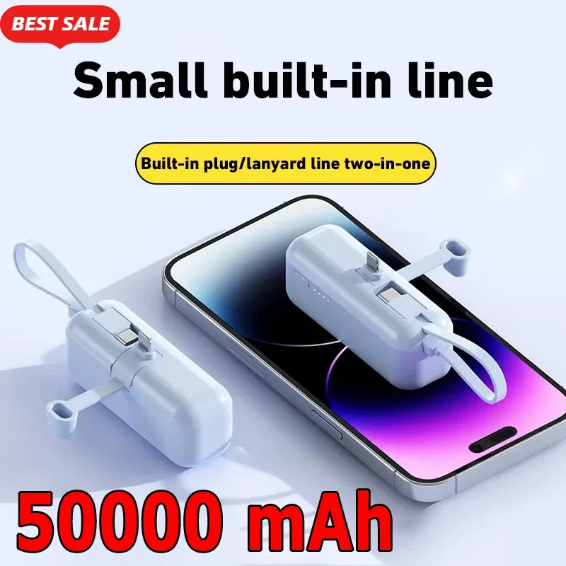 50000mAh Mini Capsule Power Bank Built In Cable Portable Pocket Power Bank External Battery Type-c Lightning Dual Interface