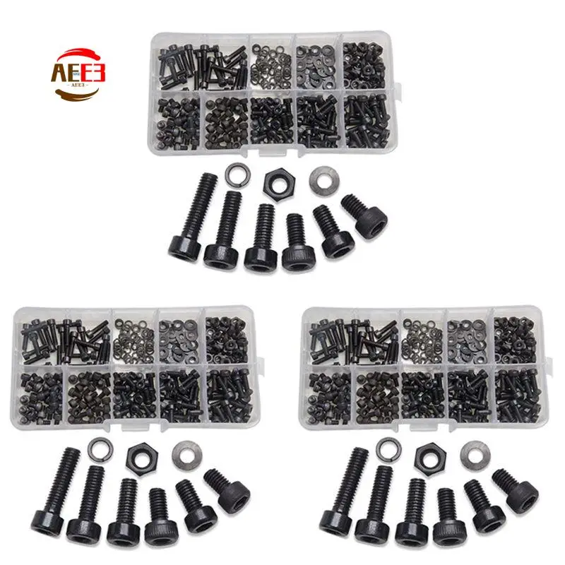 AEE3-900 Pcs Nuts Bolts Set Hex Bolts Nut And Washer Assortment Screws Bolts M3 Tool Kit With Plastic Box (Black)