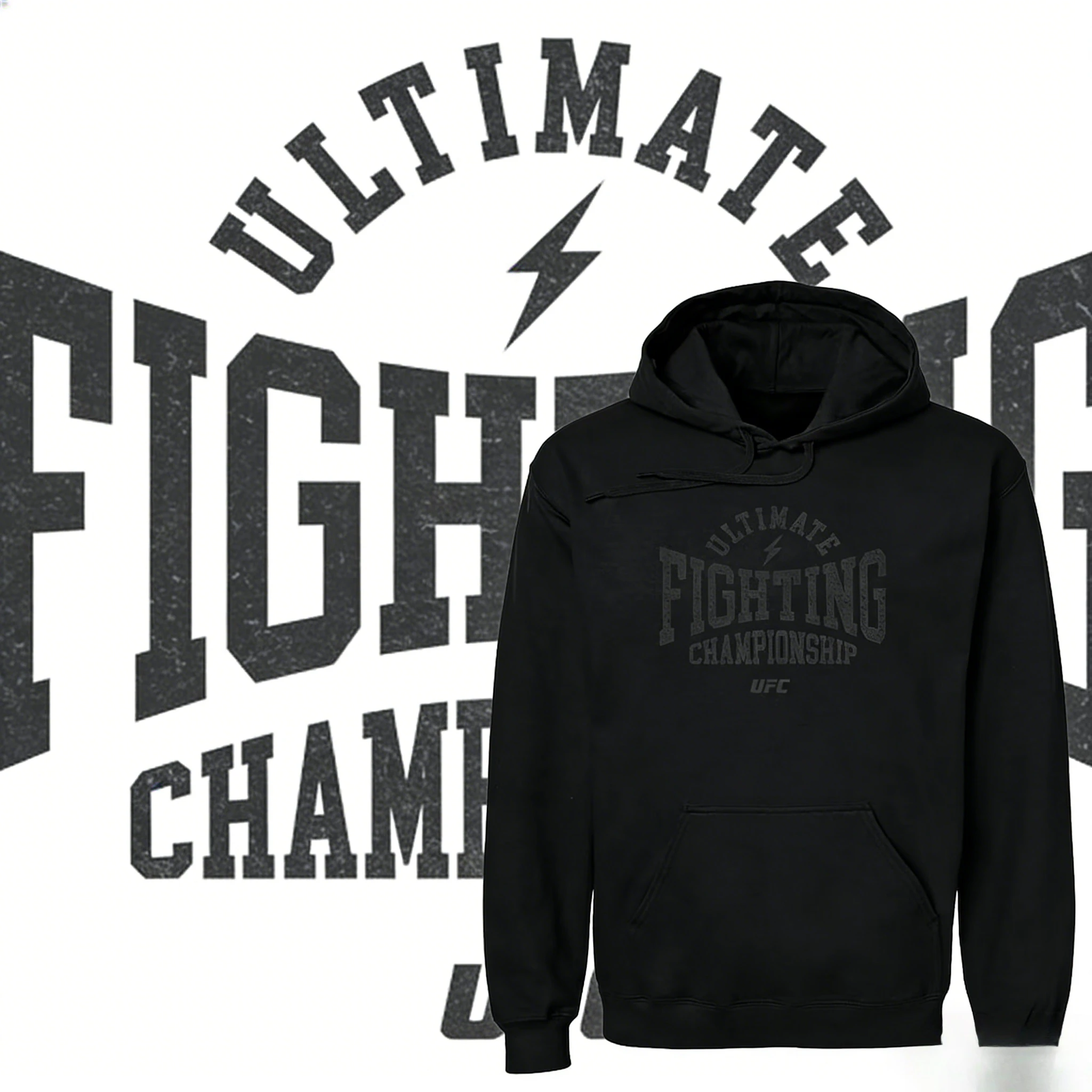 Czarna bluza z kapturem z motywem UFC na sezon jesień/zima 2025-26, wykonana w 100% z bawełny z nadrukowanymi wzorami.
