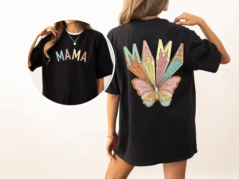 

Mama, Butterfly, Colorful, Mother's Day, Mother, Front and Back, Pastel, Retro, Psychedelic, Tshirt, Comfort Colors Tee