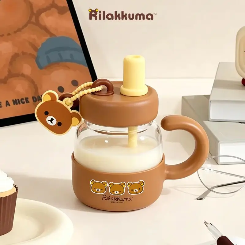Rilakkuma Glass Straw Cup Large Capacity Heat Resistant Water Bottle With Handle For Office Home Daily Drinking