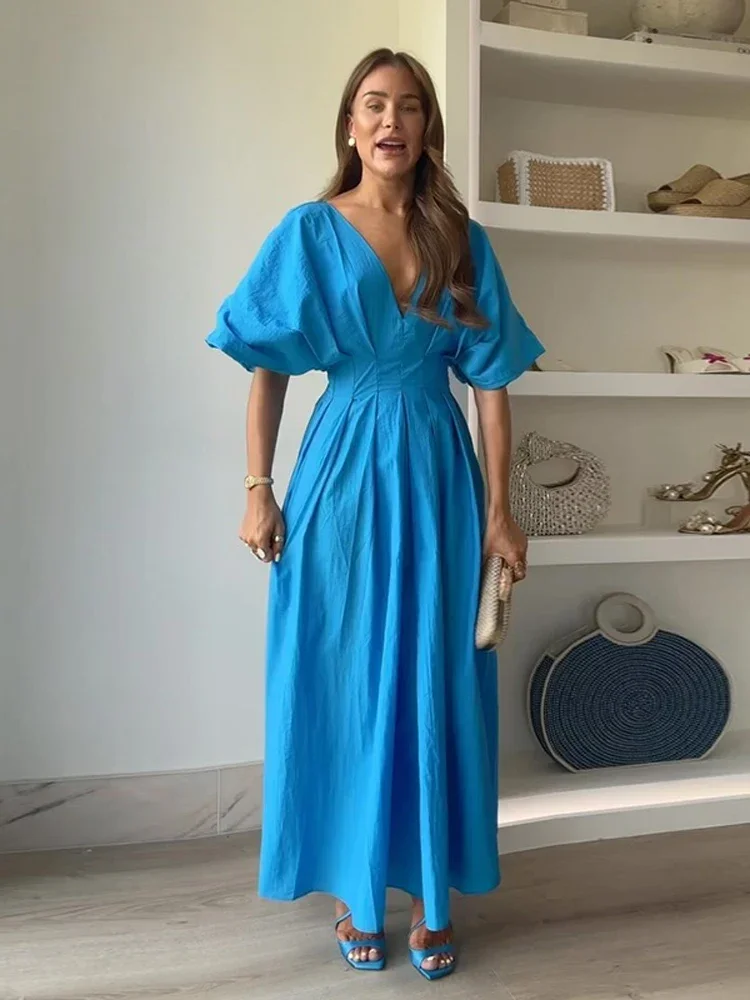 Elegant Pleated Short Puff Sleeve Women\'s Long Dress 2024 New Summer Luxury Blue Deep V Neck Party Robe Chic Lady Street Dresses