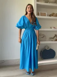 Elegant Pleated Short Puff Sleeve Women's Long Dress 2024 New Summer Luxury Blue Deep V Neck Party Robe Chic Lady Street Dresses