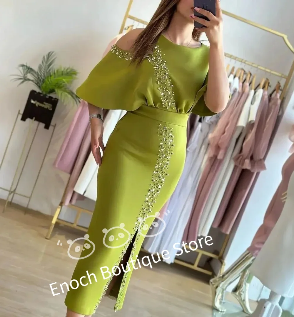 فساتين الحفلات المسائية للنساء من ENOCH مصنوعة حسب الطلب باللون الأزرق السماوي ورقبة دائرية وأكمام مكشكشة مطرزة حورية البحر طول الشاي فستان حفلات سبليت جديد 2025