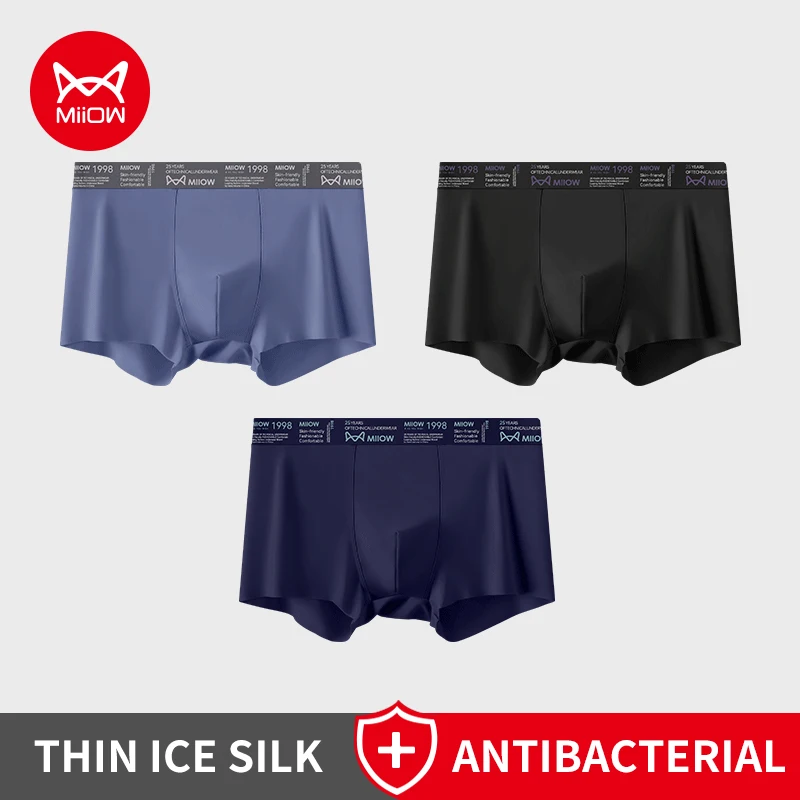MiiOW 3Pcs Ice Silk Men Underwear Boxer Ultra-thin Breathable Mens Underpants 5A Antibacterial Men's Panties Seamless Man Boxers