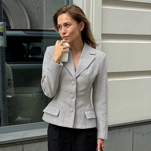 

Модный серый женский осенне-зимний костюм с длинными рукавами, утягивающий дизайн на талии, модная верхняя одежда, повседневная куртка в деловом стиле