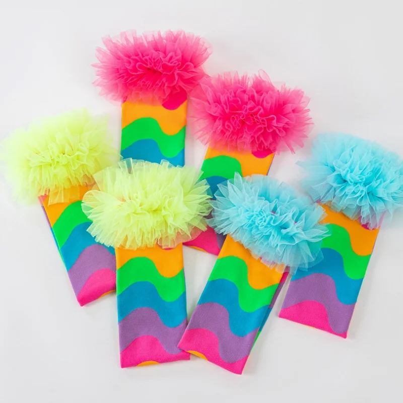 Autumn 3-12Y Kids Rainbow Wave Pattern Long Socks Tulle Lace Trim Over-the-Calf Socks Party Cosplay Baby Girls Stockings image 2
