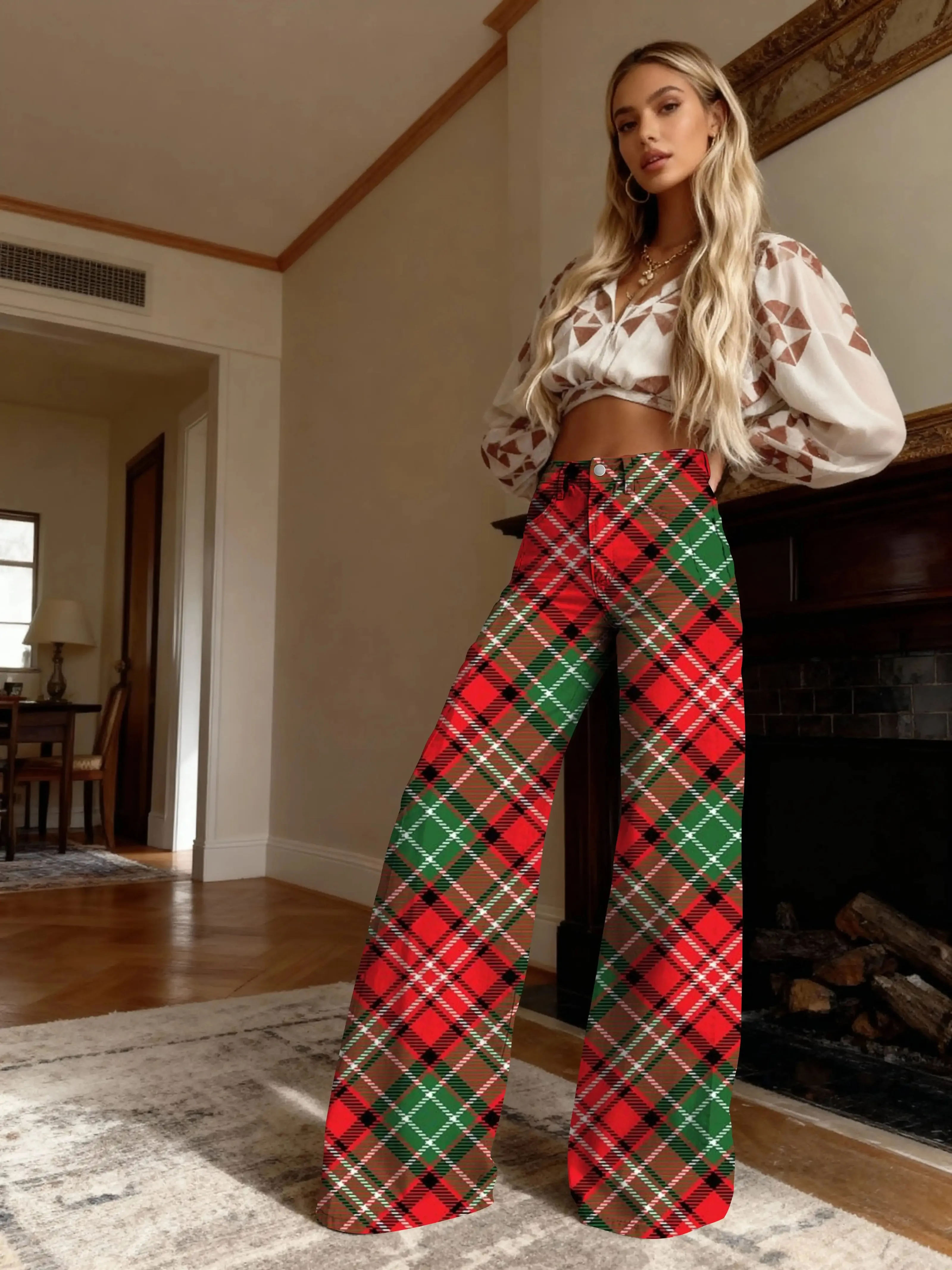 Women's slim fit wide leg flared pants, Full of Christmas elements! Women's loose flared imitation jeans