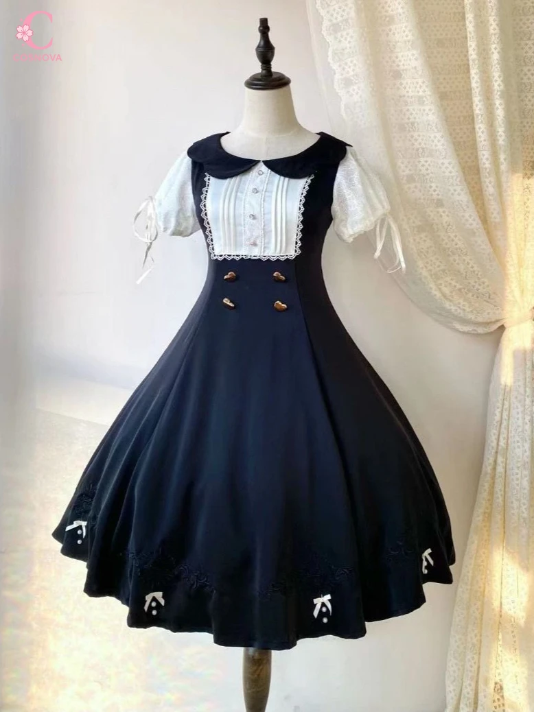 

Vintage Preppy Classic Lolita Black White Faux Elegant Dress Women Lace Peter Pan Collar Swing Dress Female Tea Party Outfit New