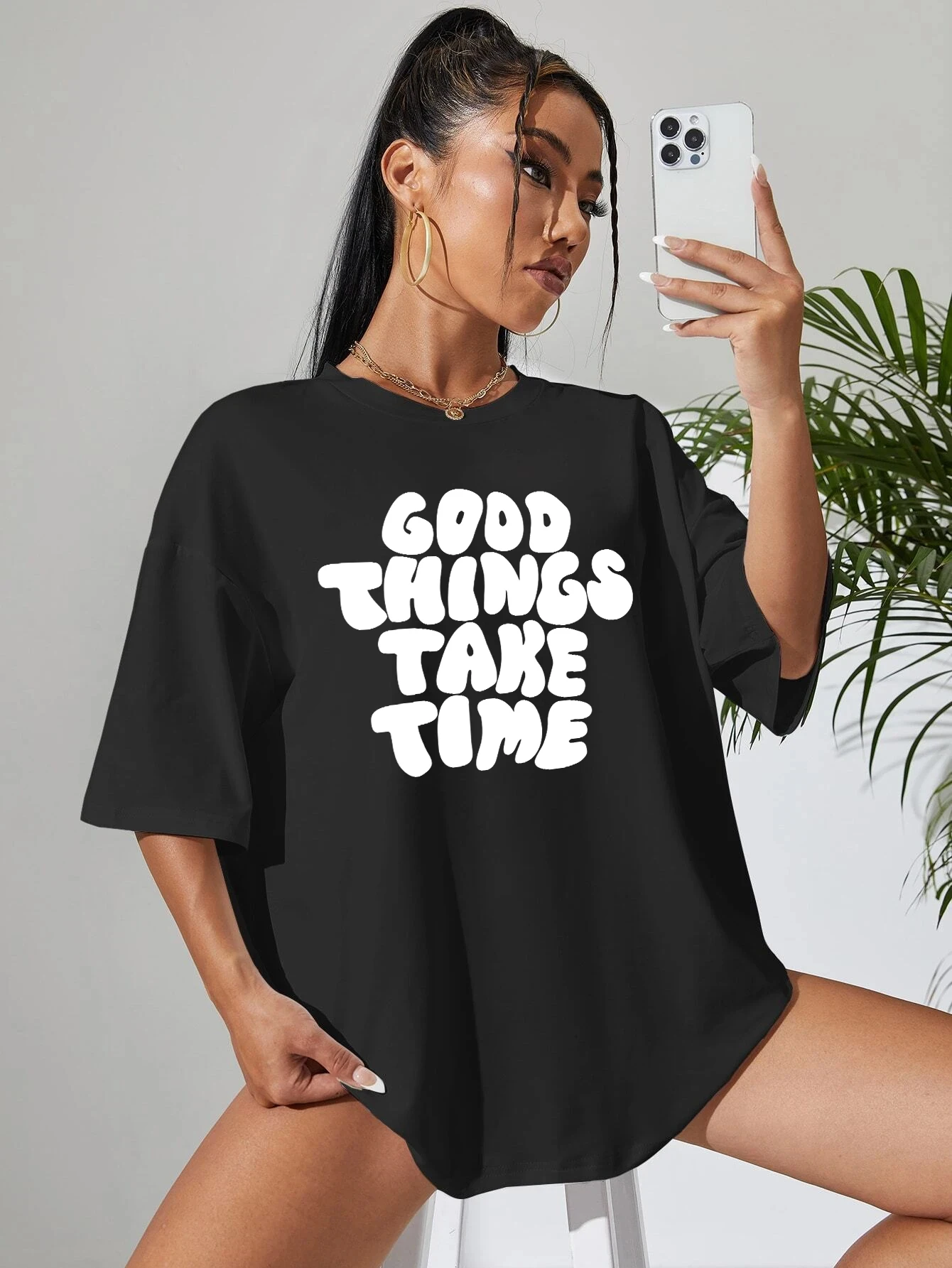 Good Thing Take Time Letter Printing T-Shirts For Women Loose Casual Tshirts Breathable Sports Tops Street Style Tshirts Female