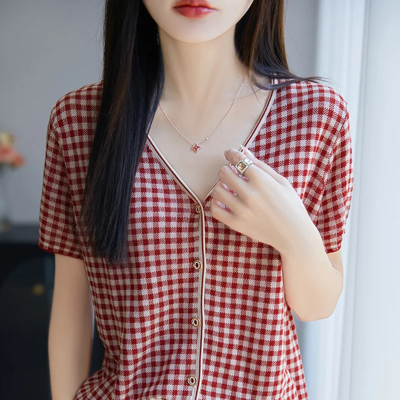 Summer new 100% Lyocell knitted sweater short sleeved women's casual checkered T-shirt round neck top loose soft pullover