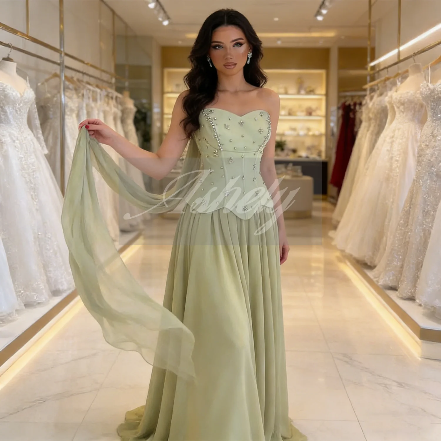 

High Quality Women Evening Gown Strapless Crystal A Line Chiffon Long Prom Special Occasion Wear Prom Wedding Party Customized