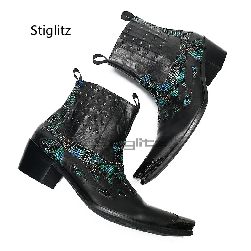 Patchwork Totem Genuine Leather Men's Boots High Heels Metal Pointed Toe Shoes Rivet Slip On Ankle Boots Business Party Shoes