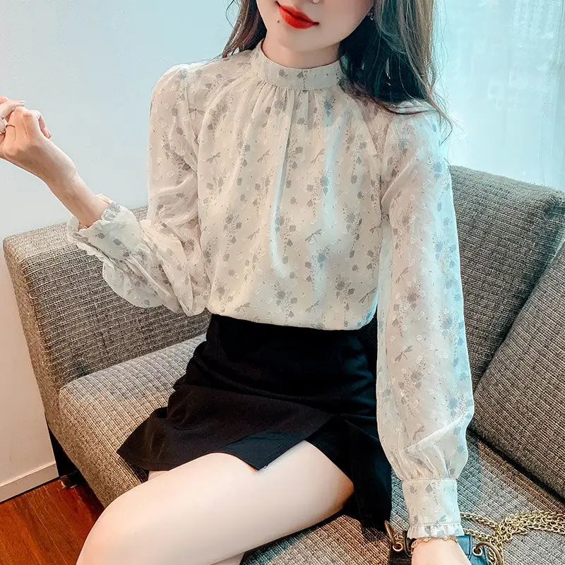 Clothes for Women 2024 Korean Fashion Print Ruffled Blouse Elegant Chic Stand Collar Chiffon Shirt Casual Long Sleeve Loose Tops