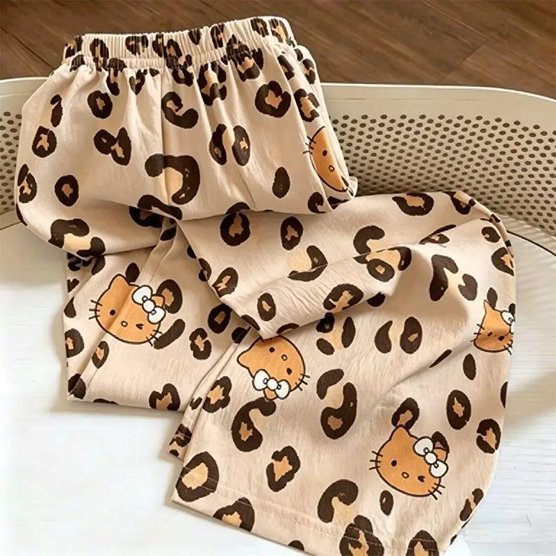 New Summer Cartoon Pajama Pants Leopard Print Hello Kitty Loose Large Size Home Trousers Can Be Worn Outside Casual Thin Style