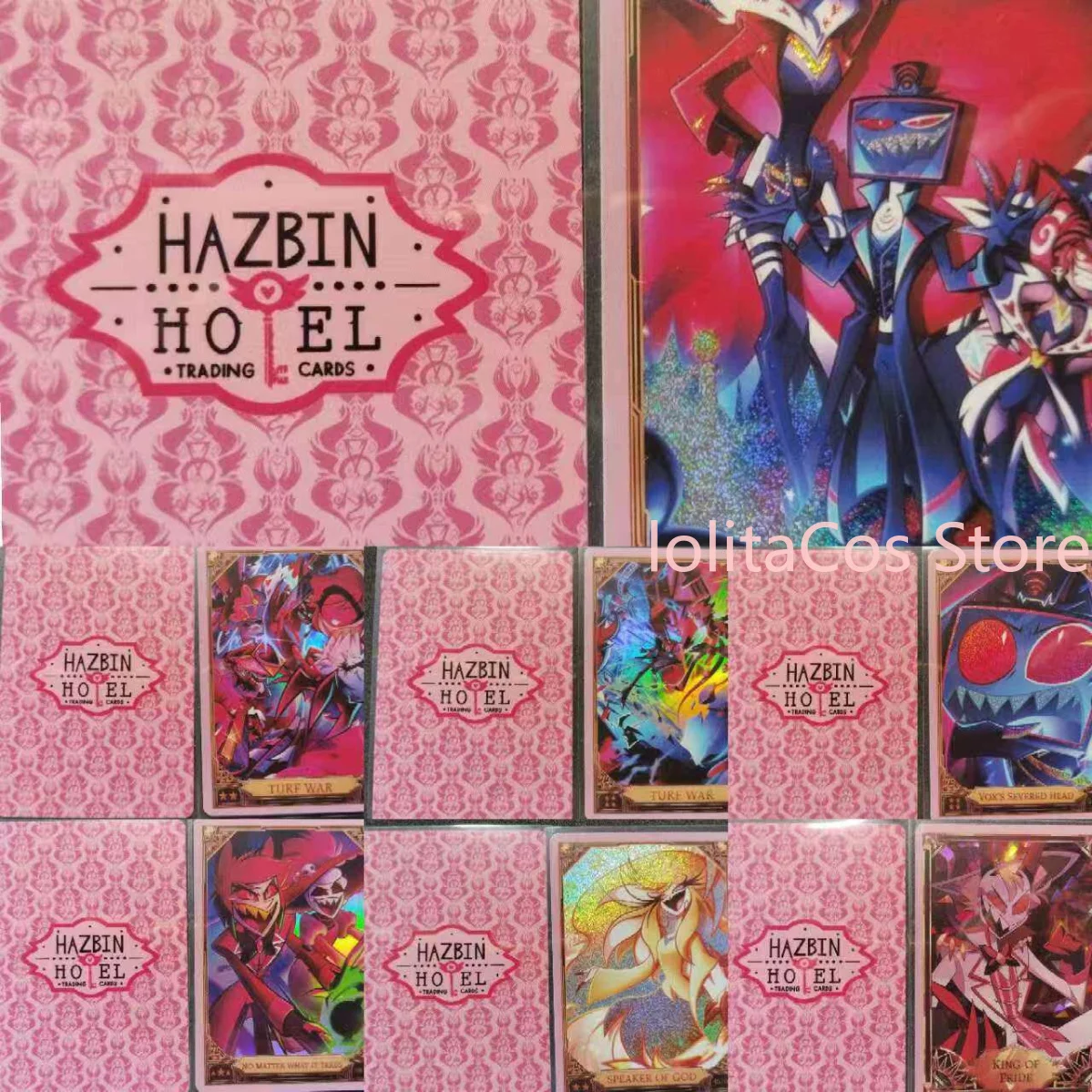 Colección de Tarjetas Flash de Anime Hazbin Hotel Alastor Vox Velvet Valentino Lucifer, Tarjeta Rosa A24, Regalo de Cumpleaños para Fans del Dibujo Animado, Cosplay