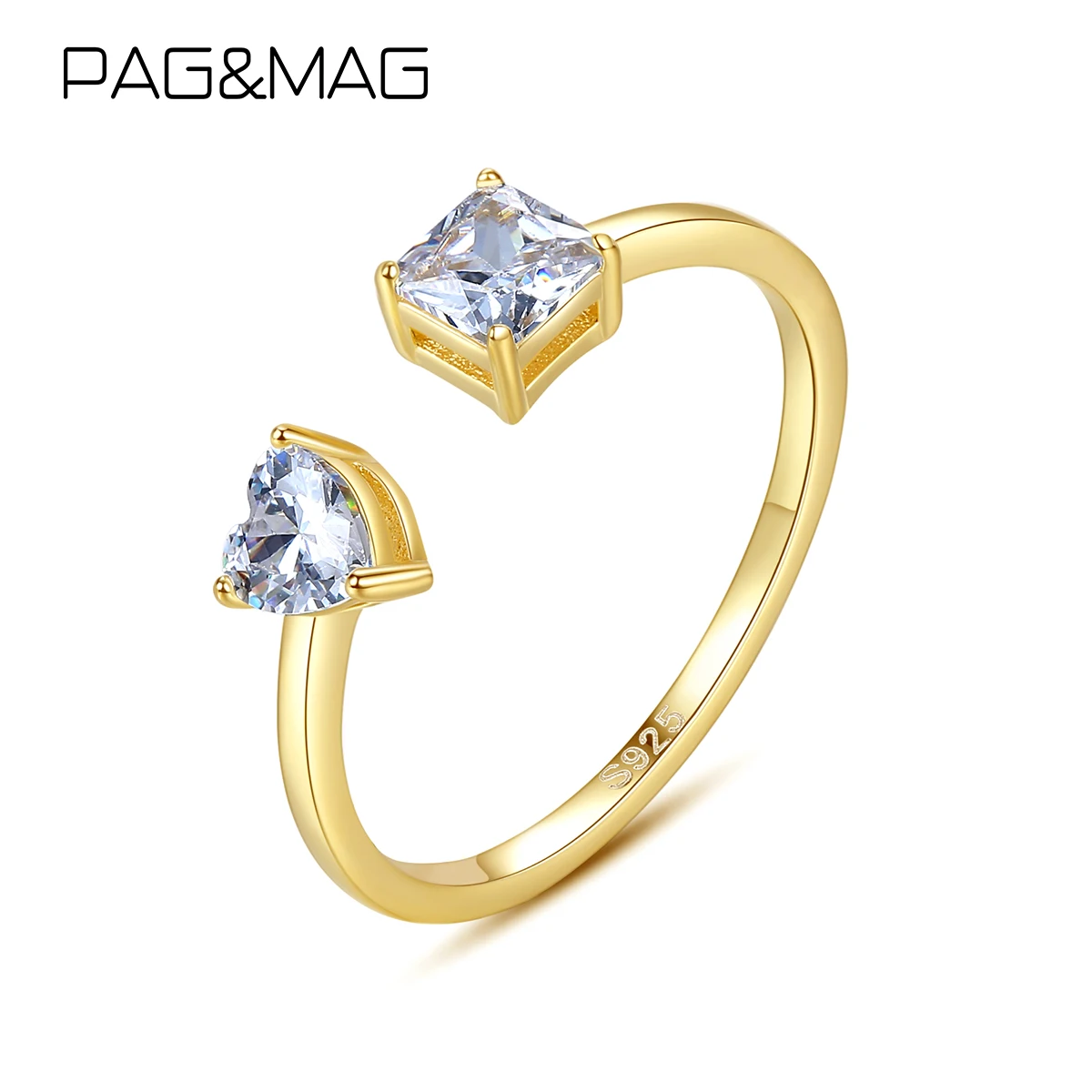 

PAG&MAG Luxury Zircon Ring Heart Square Open Adjustable 925 Sterling Silver Romantic Setting Korean Fashion High Quality Jewelry