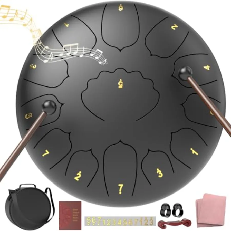 

Large Steel Tongue Drum Handpan 12 Inches 13 Notes Black Rain Drum for Outdoor Garden Meditation with Music Book Mallets and Ca