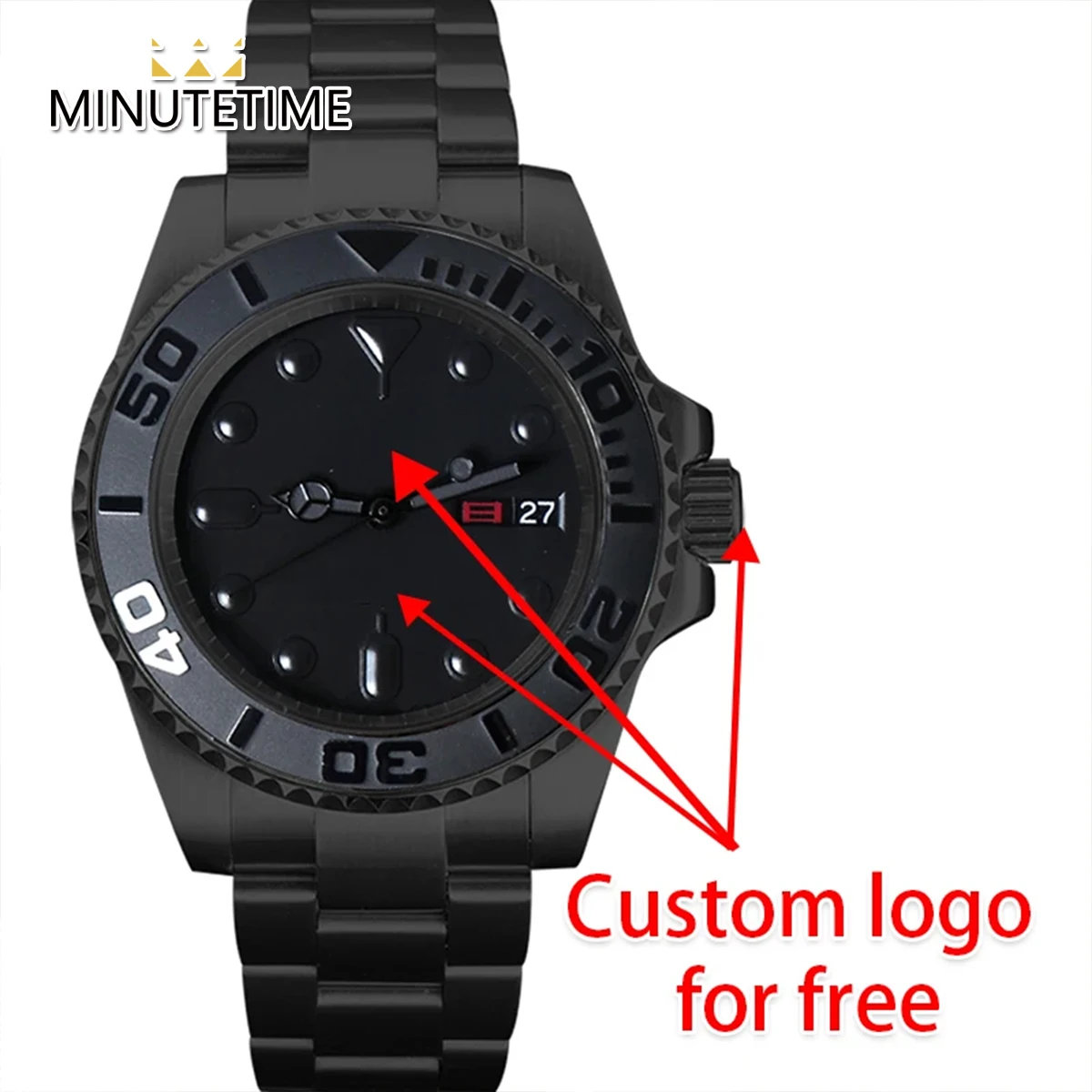 MINUTETIME DIY Custom NH36 Watch Mechanical Sub Watches For MEN Luxury Black Dial Steel Band Automatic Movement 10BAR Waterproof