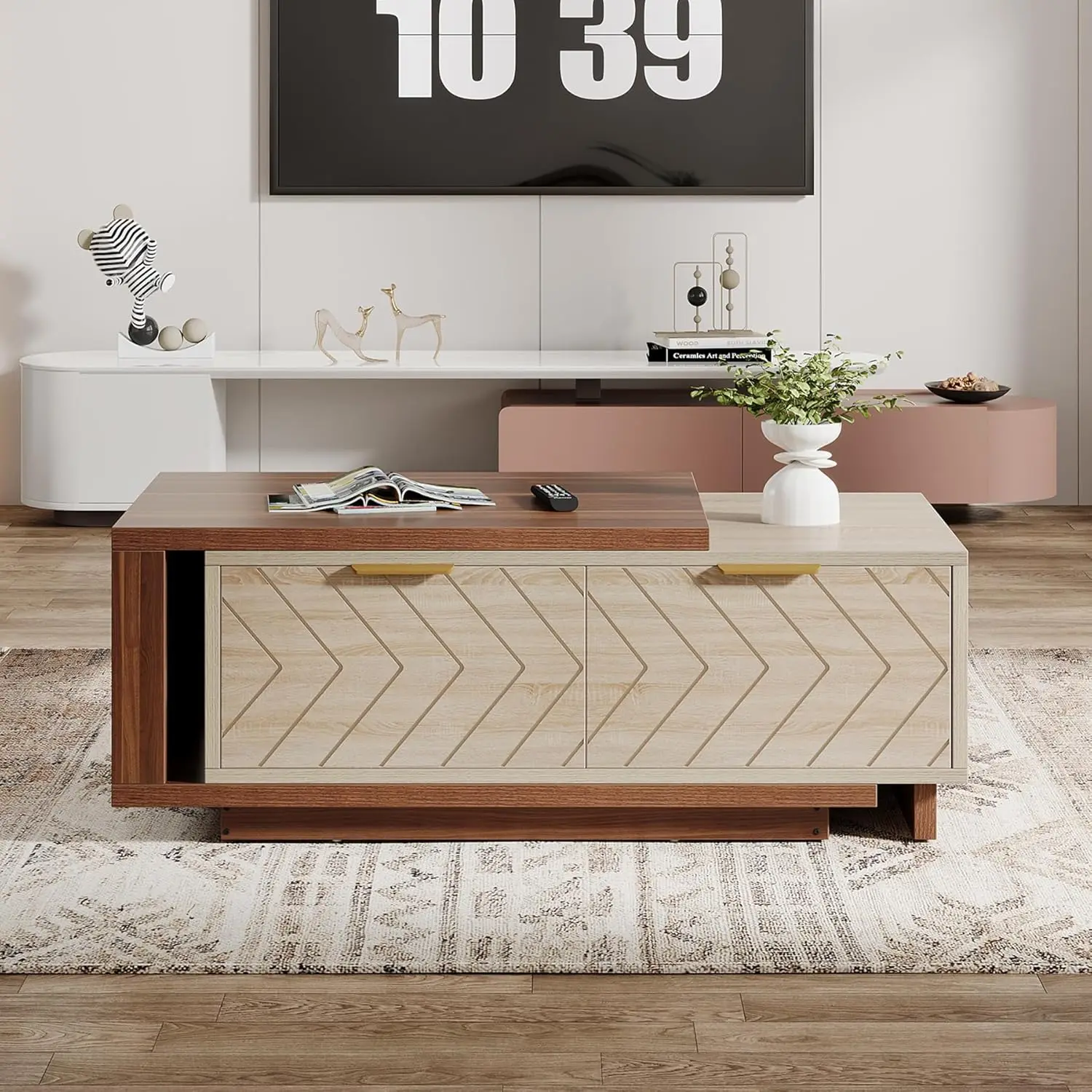 Mesa de Centro Extensible y Ajustable de Madera Reversible con 2 Cajones de Almacenamiento, para Sala de Estar, Grande, en Dos Tonos, Nogal y Roble, Personalizable