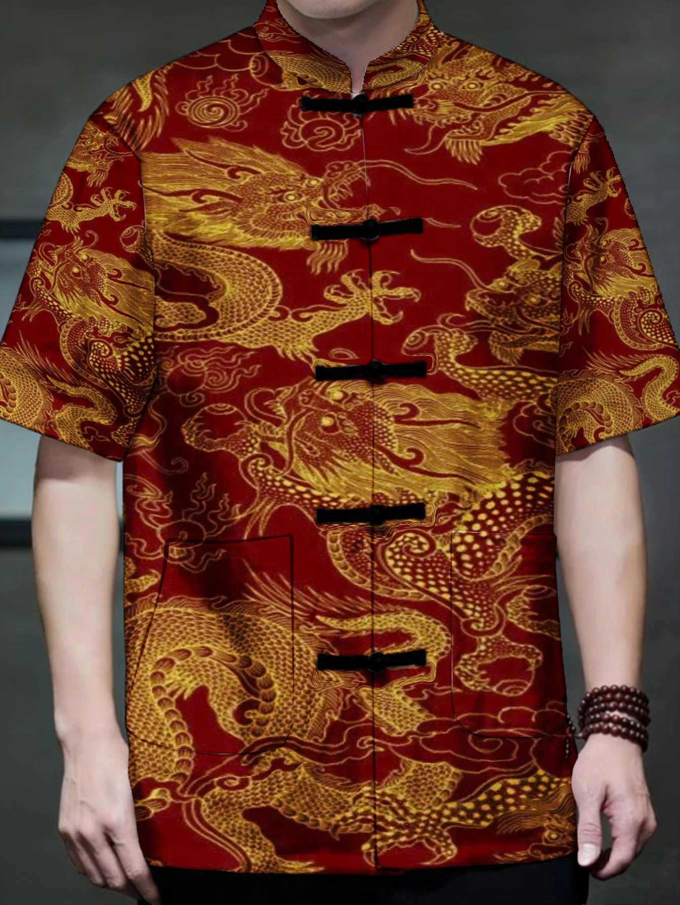 Men Mandarin Collar Frog Button Short Sleeve Shirt Floral Dragon Paisley Ornate Print Traditional Top