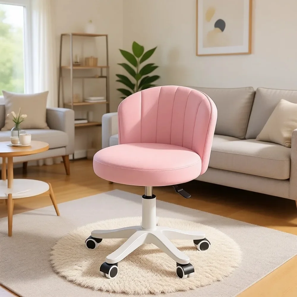 Round Rolling Desk Chair Armless Comfy Vanity Chair with Low PU Leather Backrest Adjustable Height Swivel Work Chair