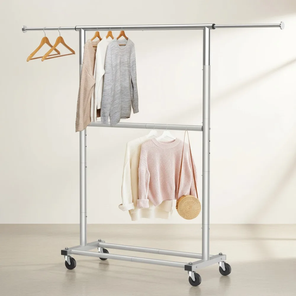 

Adjustable Double Rod Garment Rack with Wheels, Space-Saving Clothes Organizer for Small Apartments