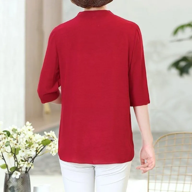 Women's Summer Pullover V-Neck Solid Rivet Shirring Three Quarter Chiffon T-shirt Fashion Casual Elegant Office Lady Loose Tops