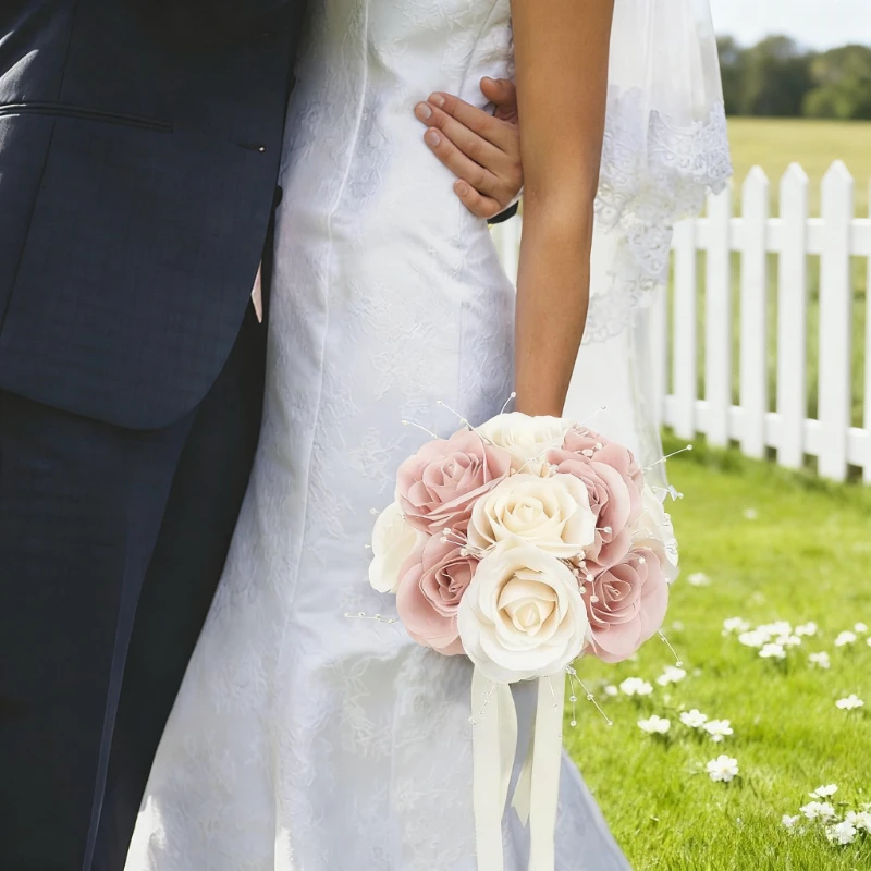 Wedding Bouquets for Bride Artificial Bridal Flowers Bouquet with Fake Peals Rose Bridesmaid Bouquet for Wedding Centerpieces De