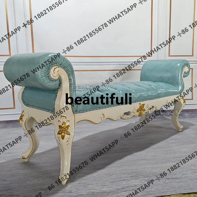

New arrive Solid wood bedside stool bedroom soft bag carved bed changing shoes leather ivory white small sofa bench