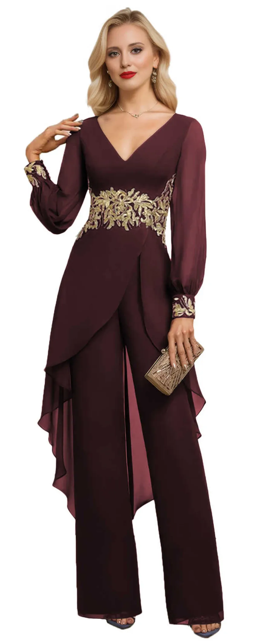 فساتين أم العروس المخصصة أنيقة من الشيفون بأكمام طويلة بدلة بناطيل رسمية لحفلات الزفاف مجموعة فساتين مناسبات خاصة جديدة