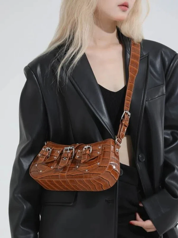 

Y2K Studded Leather Purses for Women Gothic Underarm Shoulder Bag Punk Crossbody Clutch Handbag with Buckle Vintage Style