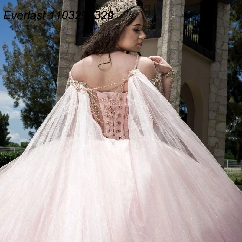 EVLAST-vestido De quinceañera rosa brillante, vestido De baile De quinceañera, Aplique De encaje dorado con cuentas, capa dulce 16, 15 años, TQD692, 2024