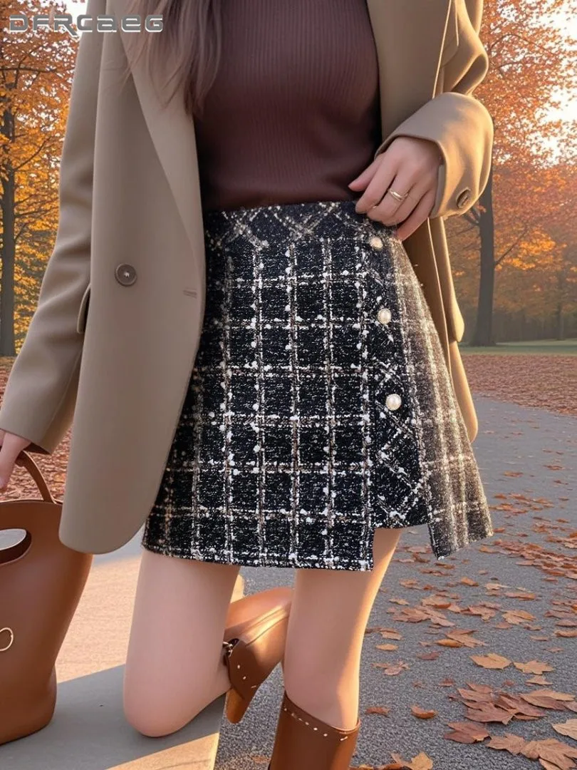 

High Waist Thick Tweed Wool A-line Skirt For Woman Autumn Winter Vintage Plaid Irregular Short Pencil Skirts Lady
