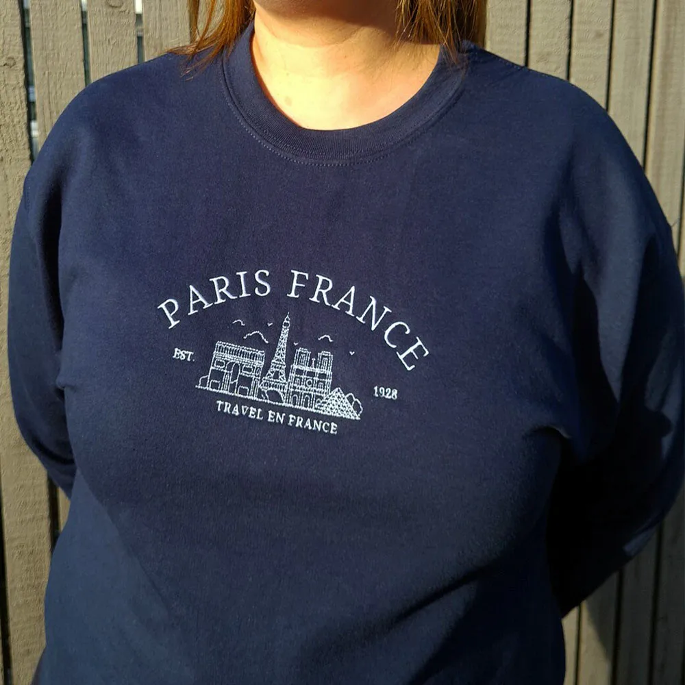 Travel en France Embroidered Navy Sweatshirts Women Autumn Loose Cotton Thick Fleece Warm Pullover Vintage Style 80s 90s Jumper