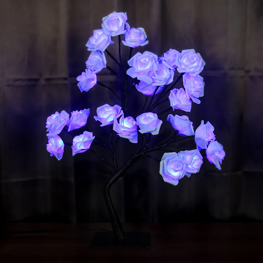 Blue Rose Flower Tree Lights 24LED USB Charge Table Lamp Fairy Night Light Home Party Christmas Wedding Bedroom Decoration Gift