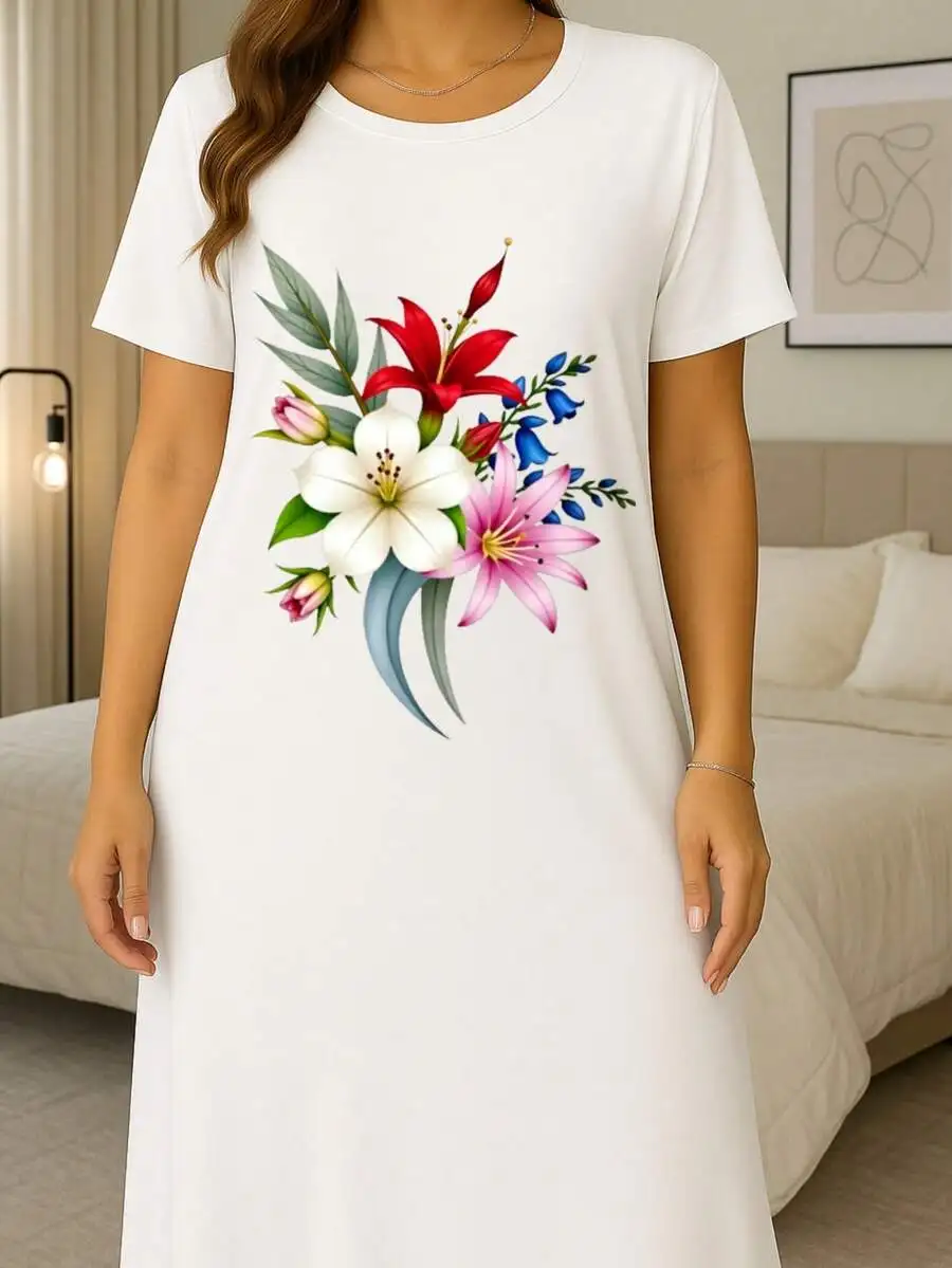 

Floral Print Cotton Blend Nightdress For Women – Cozy Sleepwear With Multi-Color Bouquet Design