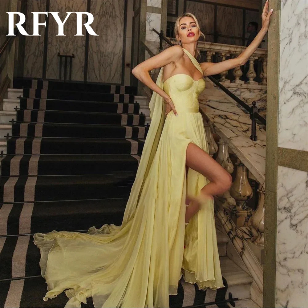 

RFYR Yellow Evening Gown Elegant One Shoulder Prom Dress Pleats Stain Wedding Evening Dress with Split Custom robes de soirée