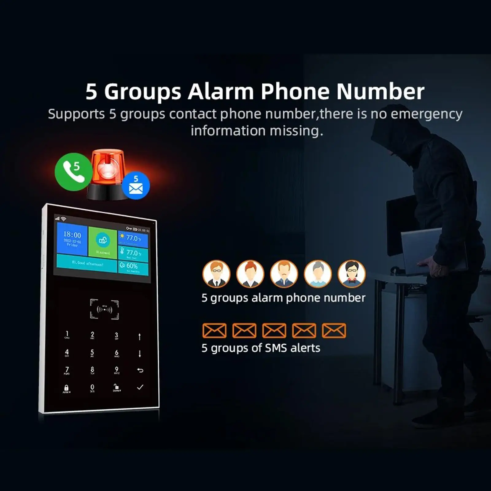 

Alarm System for Home Security Multilingual Voice Two Way Voice Black 4.3" Touch Screen Home Anti Thefts Alarm System EU Adapter