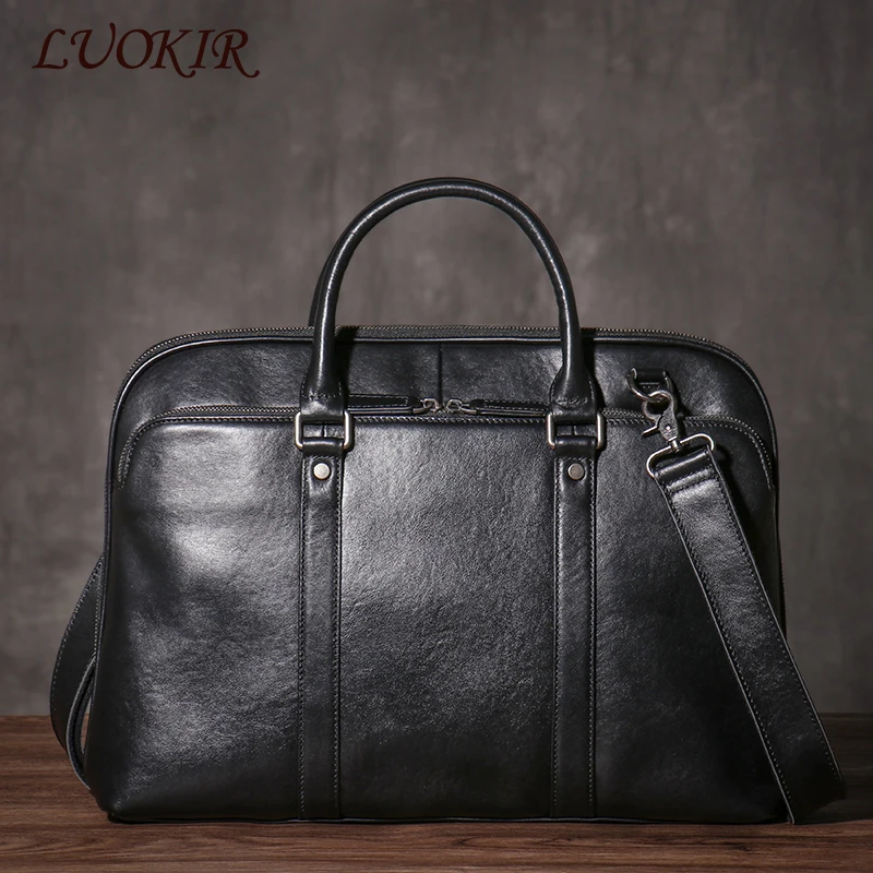 LUOKIR Real Leather Handbag Men Business Travel Luxury Briefcase Shoulder Crossbody Portfolio Computer Bag For 15.6 Inch Laptop