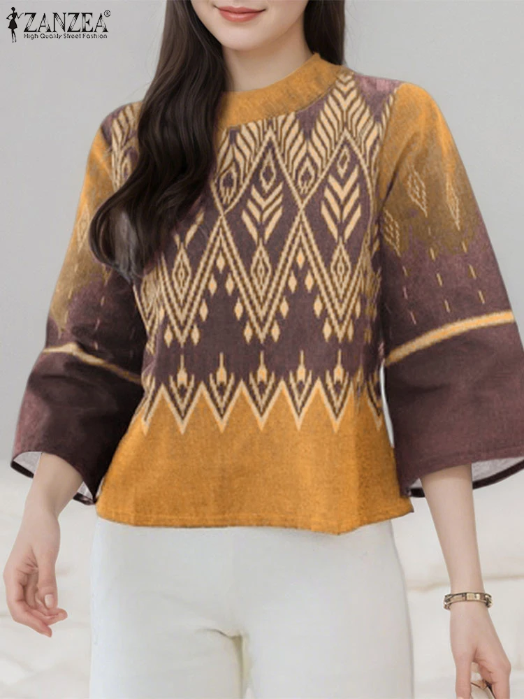 

ZANZEA Этнические винтажные блузки с геометрическим принтом и гоката, женские осенние свободные блузки с круглым вырезом и рукавами 3/4, праздничные повседневные свободные женские топы