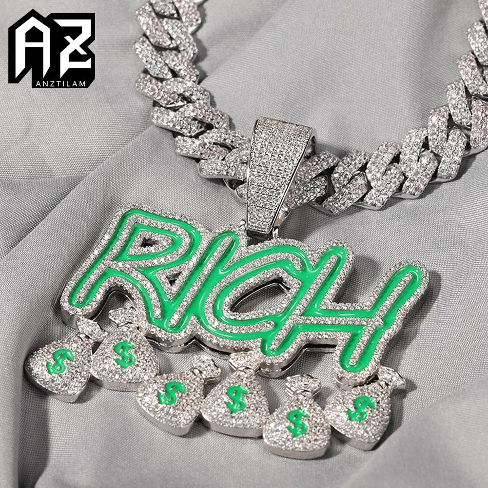 

Anztilam RICH Pendant With Money Bags Bling Zircon Iced Out letters Necklace For Women Men Hip Hop Jewelry Free Shipping