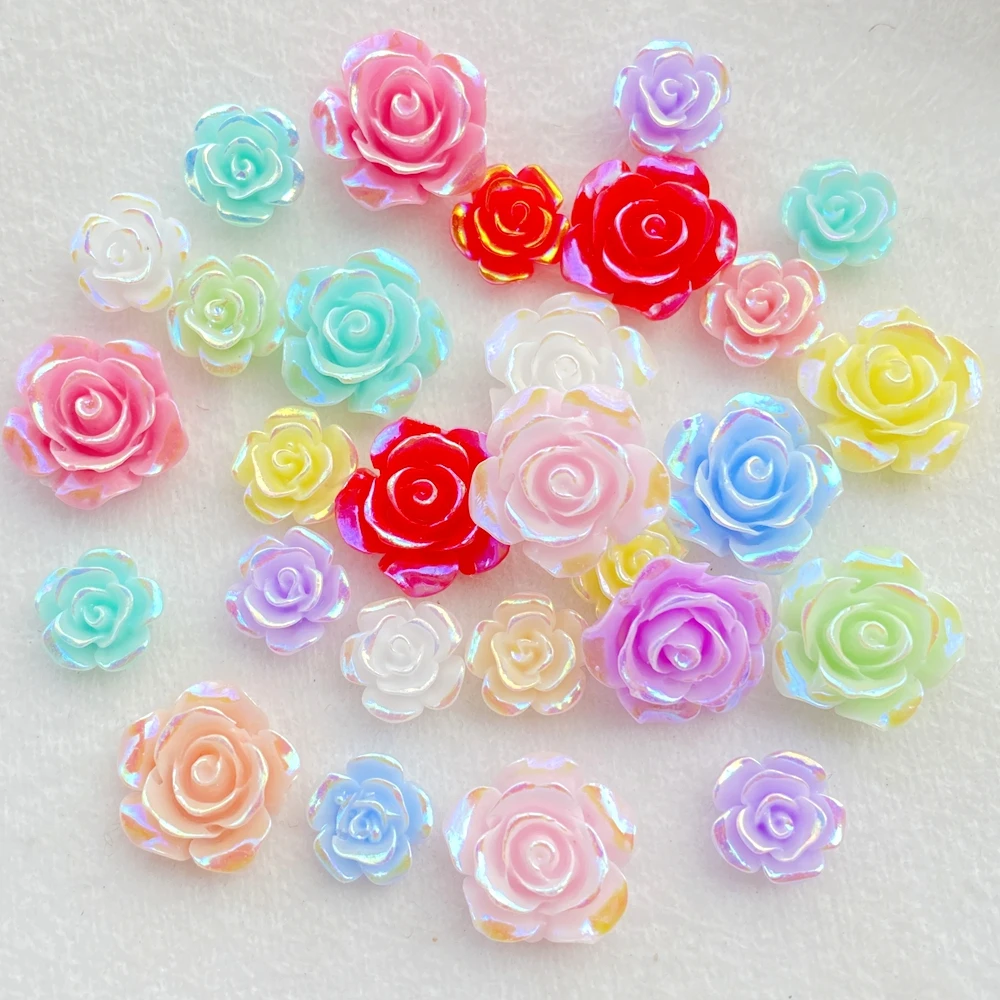 20pcs 9/14mm AB Resin Rose Flatback Flower Rhinestone Gems Scrapbook Wedding Ornaments Applique Crafts DIY