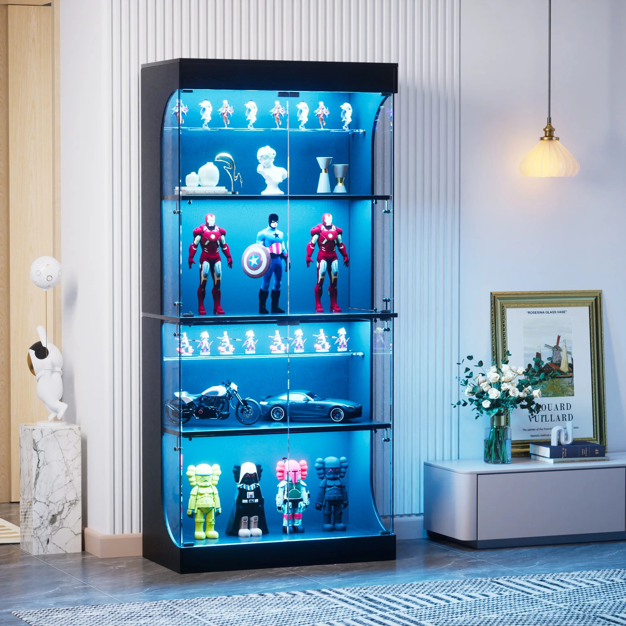 Vitrine noire en verre à 4 niveaux avec rangement, 80x35x165 cm – Éclairage LED, portes en verre et capteurs intelligents – Vitrine anti-poussière pour salon, chambre ou bureau – MDF robuste, étagères réglables – Montage facile – Design moderne et élégant