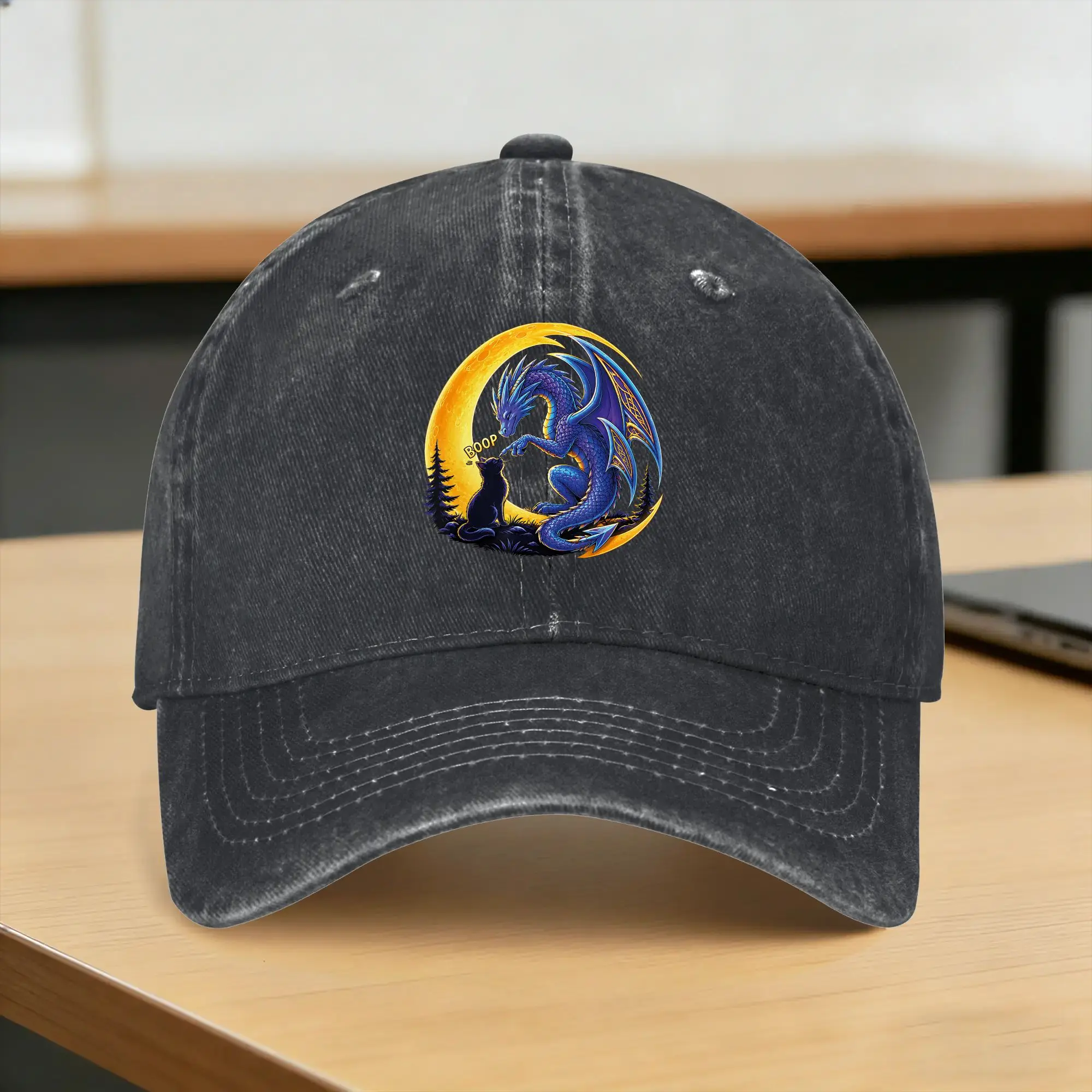 Dragon Boop Cat Under Full Moon Fantasy Night Sci fi Sun Baseball Cap  Fashion Female Male Washed Hip Hop Hats Adjustable Caps