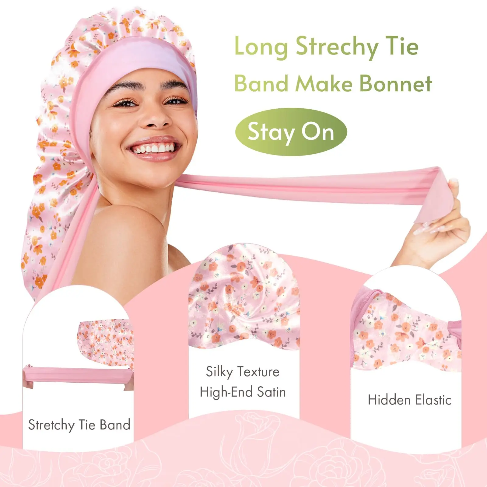 BONNET QUEEN Braid Bonnet Silk Extra Long for Braids Foldable Satin Sleeping Hair with Tie Band Pink Floral