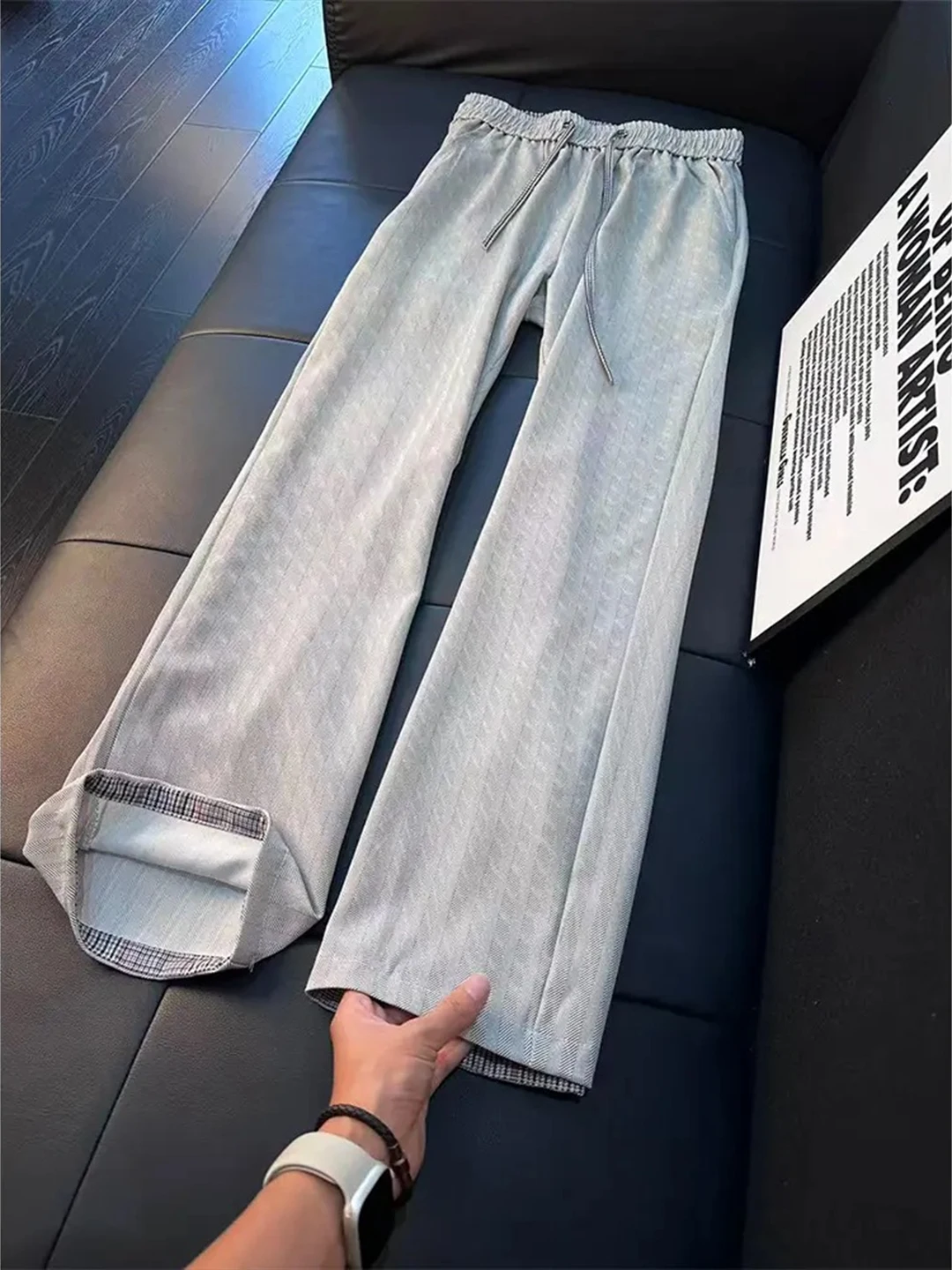 American Style Men's Breathable Thin Casual Pants Summer Loose Straight Leg Design Sensation Long Trousers Checkered Pattern